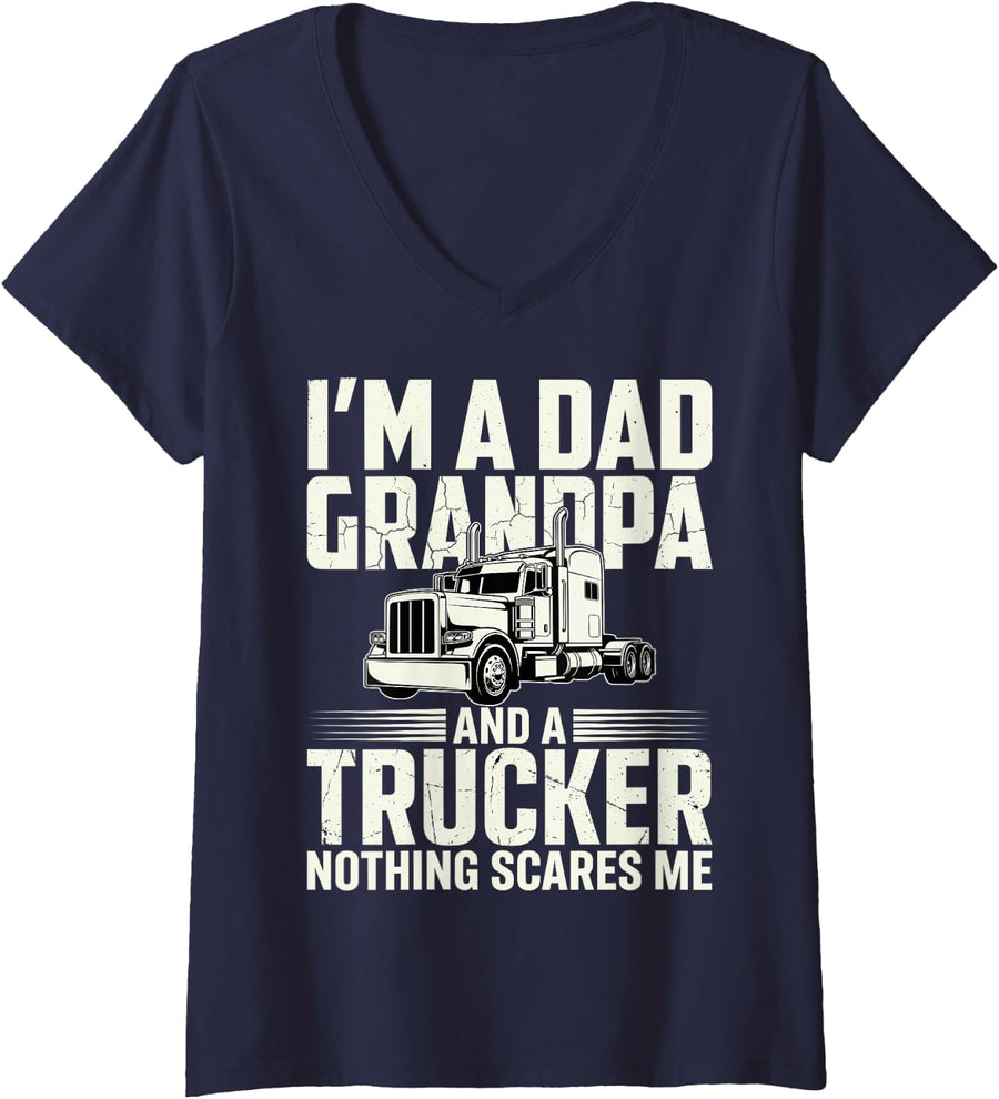 Women's I’m Dad Grandpa and A Trucker Nothing Scares Me Truck Driver V-Neck T-Shirt - Navy Blue