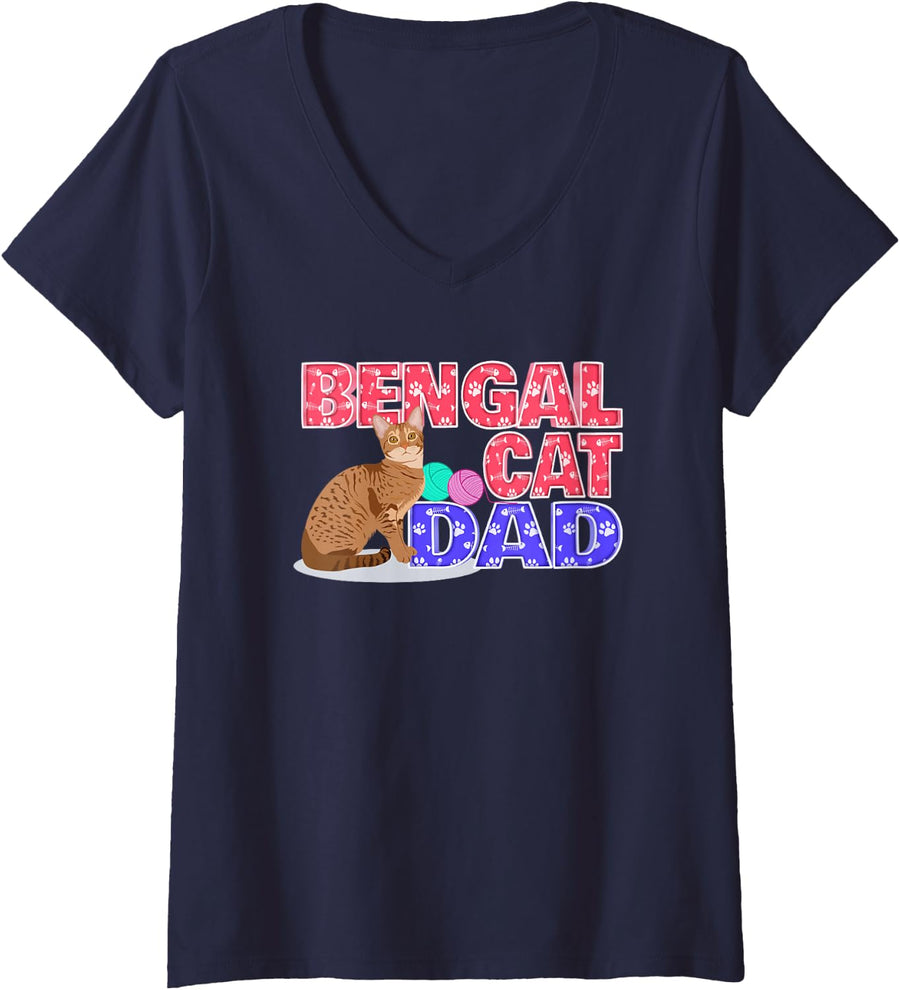 Women's Bengal CAT DAD Cat Owner Design V-Neck T-Shirt - Navy Blue