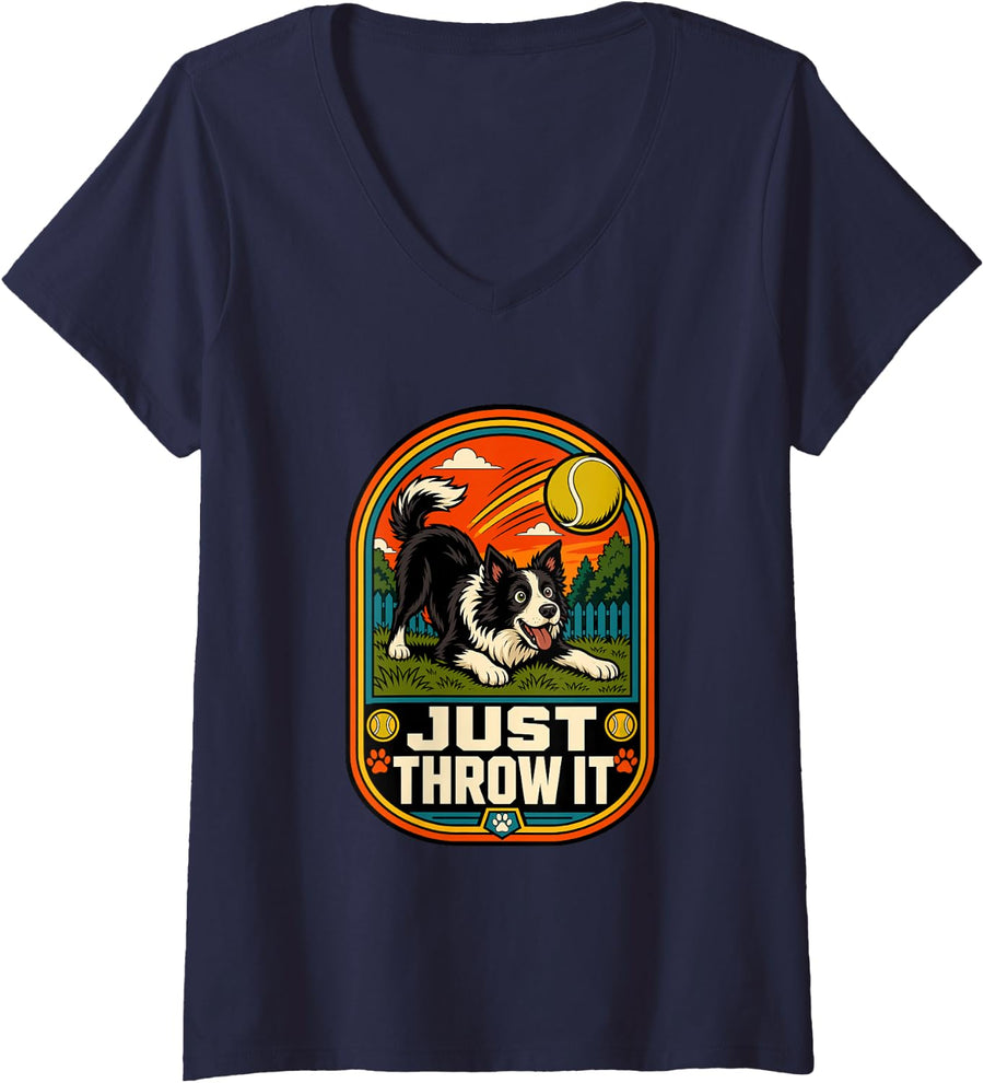 Women's Just Throw It Funny Border Collie Mom or Dad V-Neck T-Shirt - Navy Blue