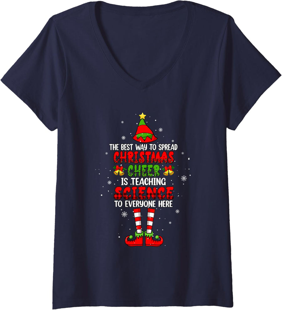 Women's Best Way to Spread Xmas Cheer Teaching Science Elf Teacher V-Neck T-Shirt - Navy Blue