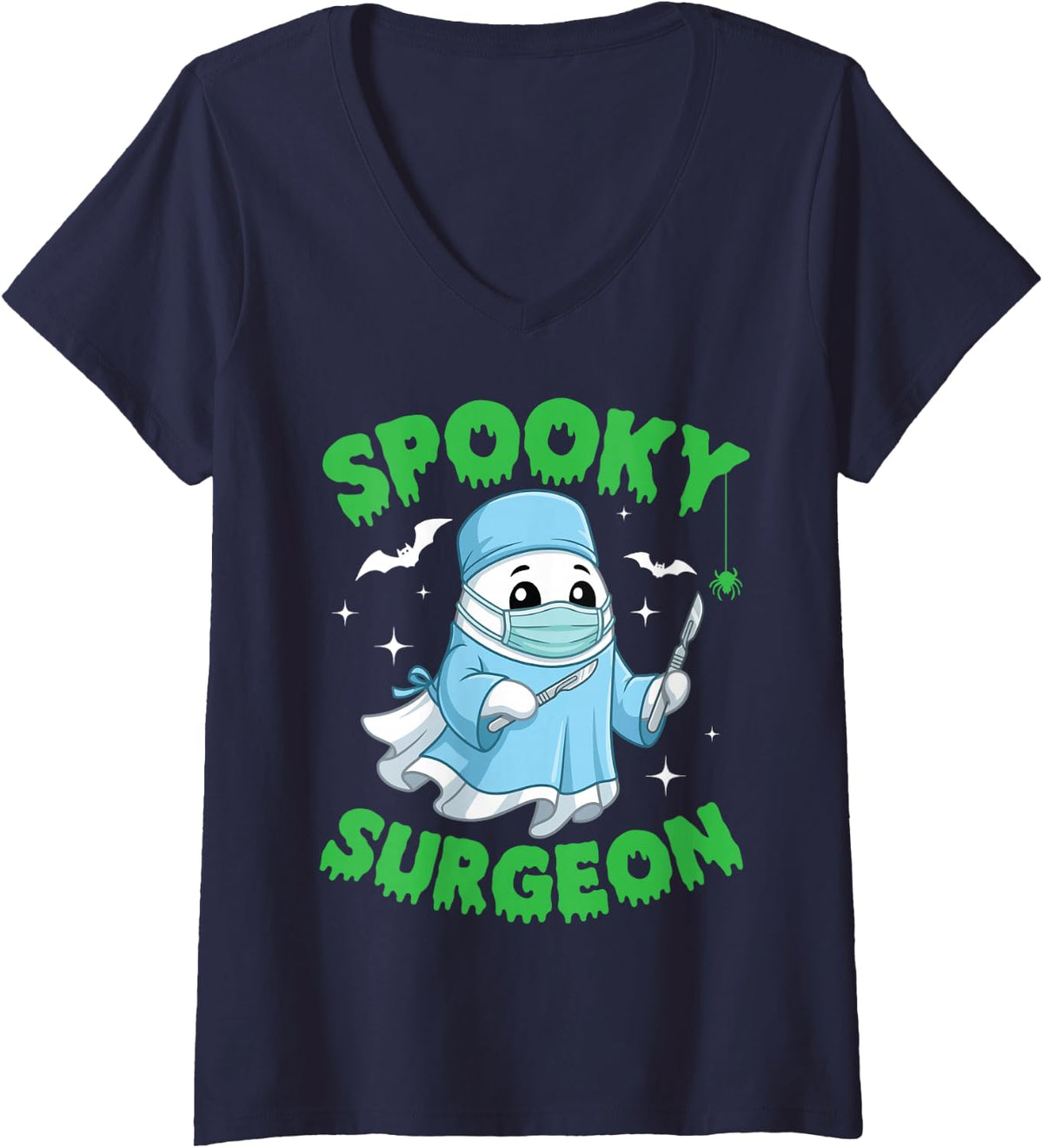 Women's Spooky Surgeon Halloween Cute Ghost Medical Scrub Costume V-Neck T-Shirt - Navy Blue