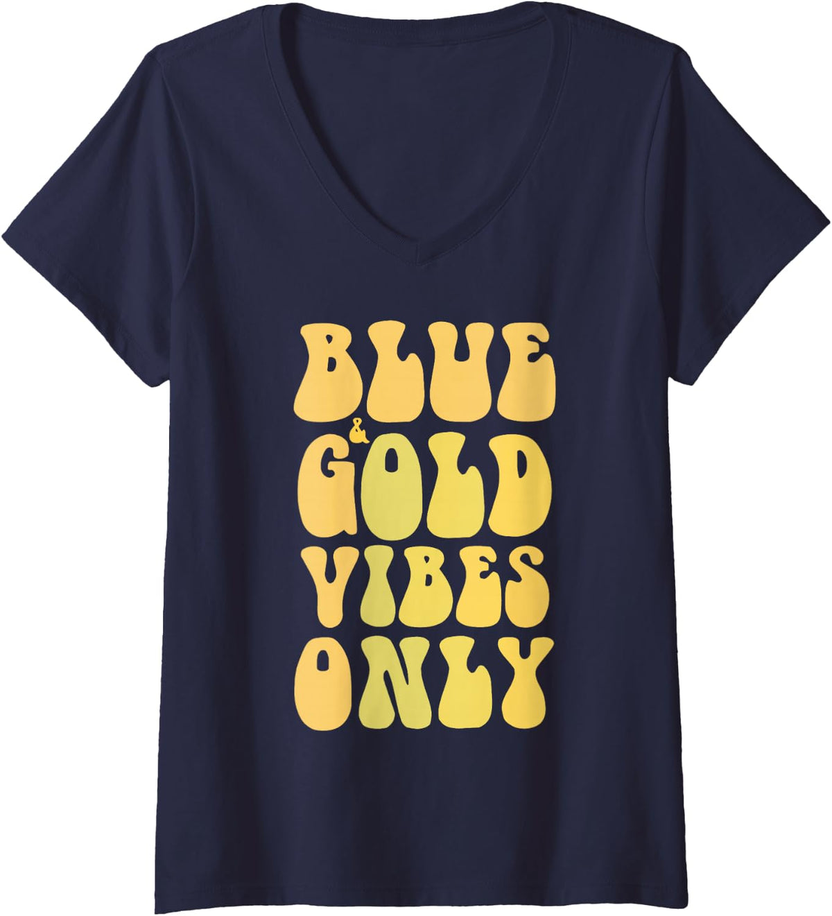 Women's Groovy Blue Gold Vibes ONLY High School Cheer Tournament V-Neck T-Shirt - Navy Blue