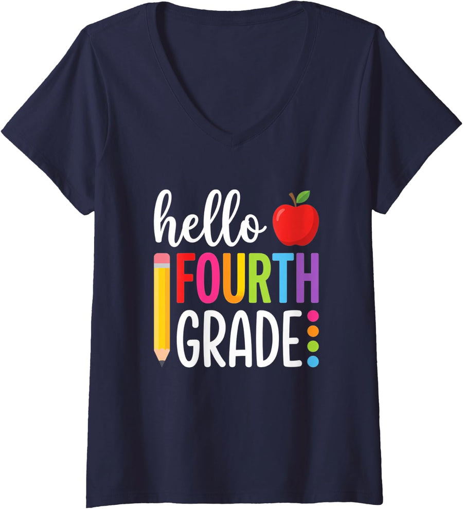 Women's Hello Fourth Grade Back to School Kids Student Teacher V-Neck T-Shirt - Navy Blue
