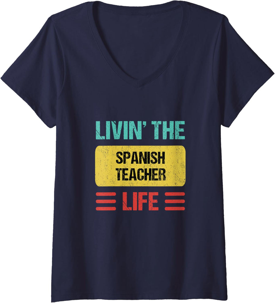 Women's Spanish Teacher V-Neck T-Shirt - Navy Blue