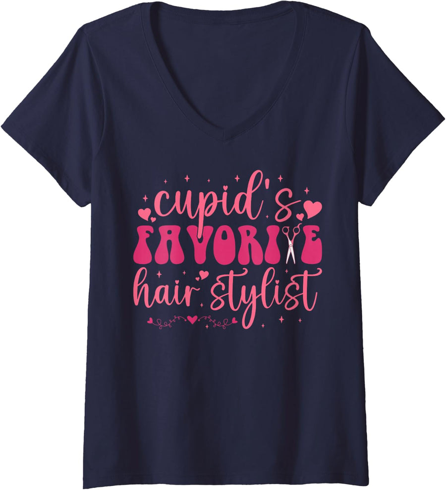 Women's Hairstylist Valentine Cupid's Favorite Licensed Hairapist V-Neck T-Shirt - Navy Blue