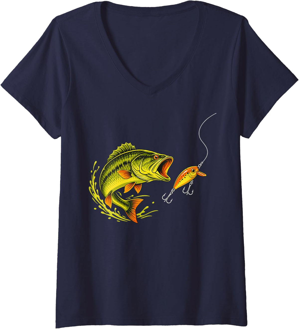 Women's River Fishing Graphic Freshwater Angler Fisherman V-Neck T-Shirt - Navy Blue