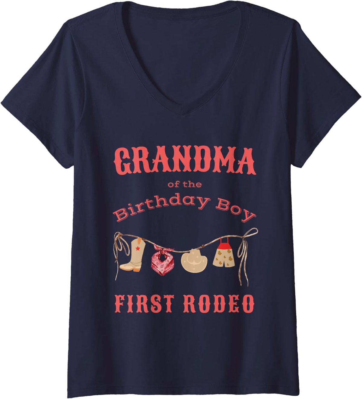 Grandma First Rodeo 1st Birthday Cowboy Family Matching V-Neck T-Shirt - Navy Blue