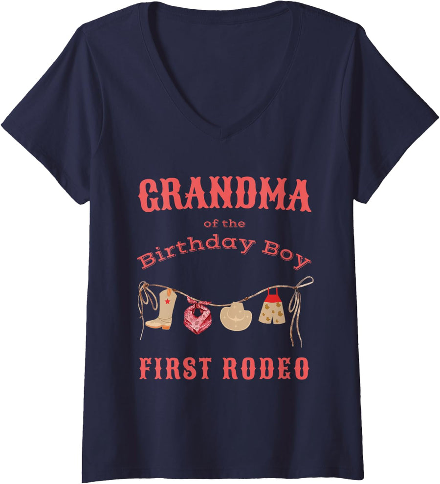 Grandma First Rodeo 1st Birthday Cowboy Family Matching V-Neck T-Shirt - Navy Blue