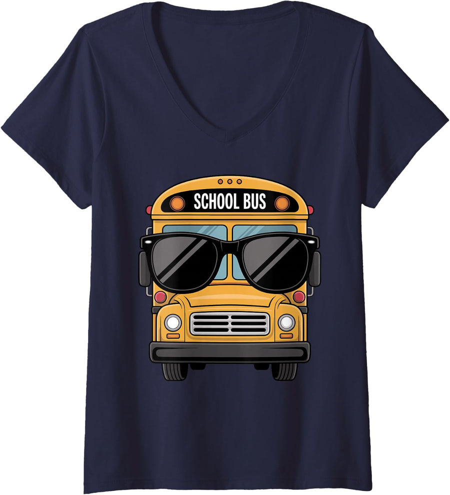 Women's Funny School Bus Driver Art for Men Women Back to School V-Neck T-Shirt - Navy Blue