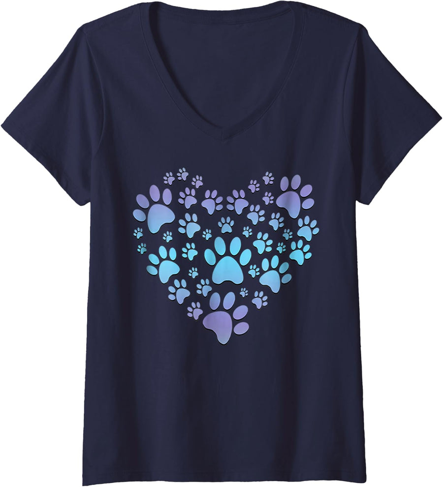 Womens Paw Print Heartbeat Love Dogs V-Neck T-Shirt - Navy Blue