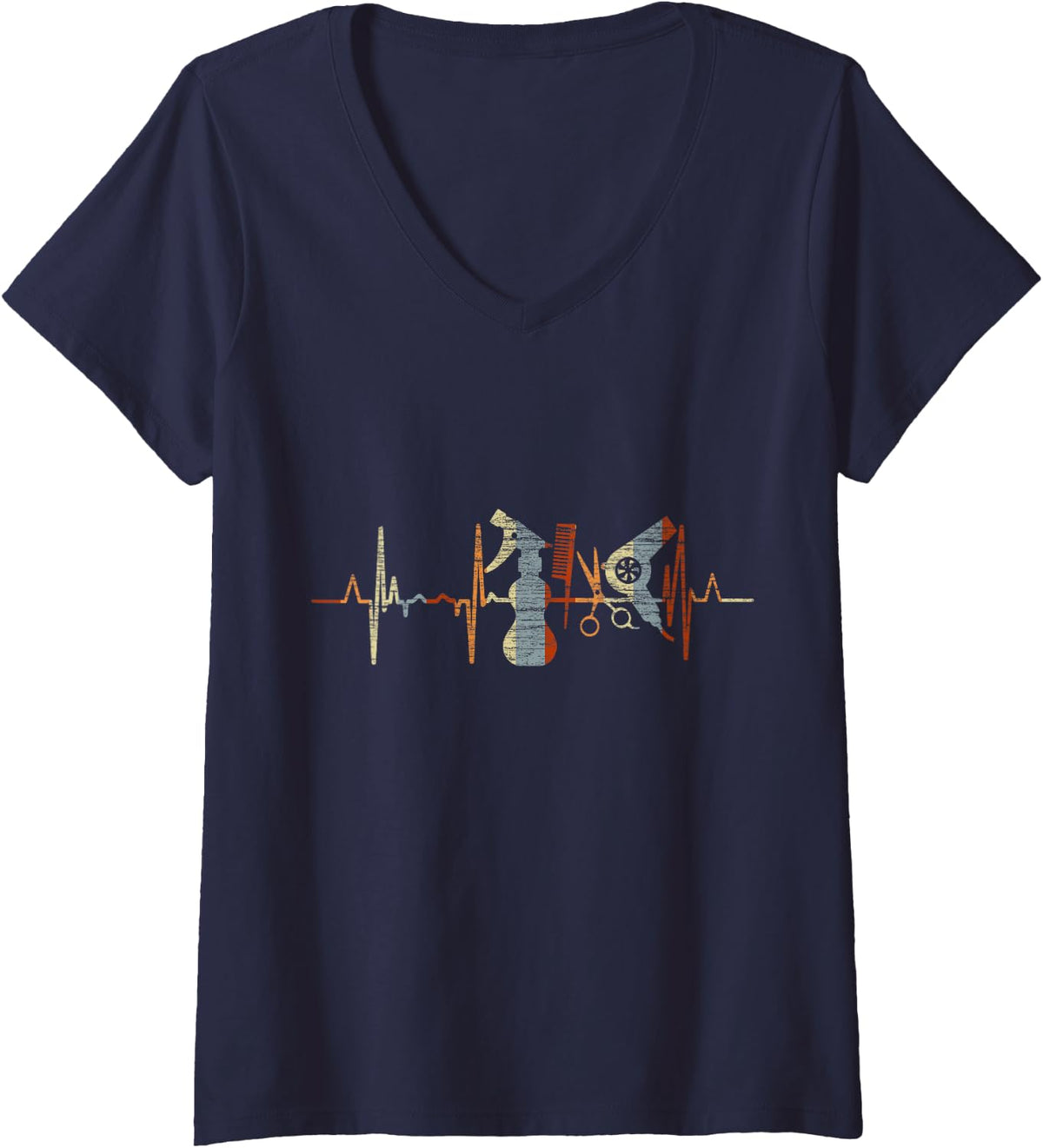 Women's Hairdresser Heartbeat Vintage ECG Cardiogram Retro V-Neck T-Shirt - Navy Blue