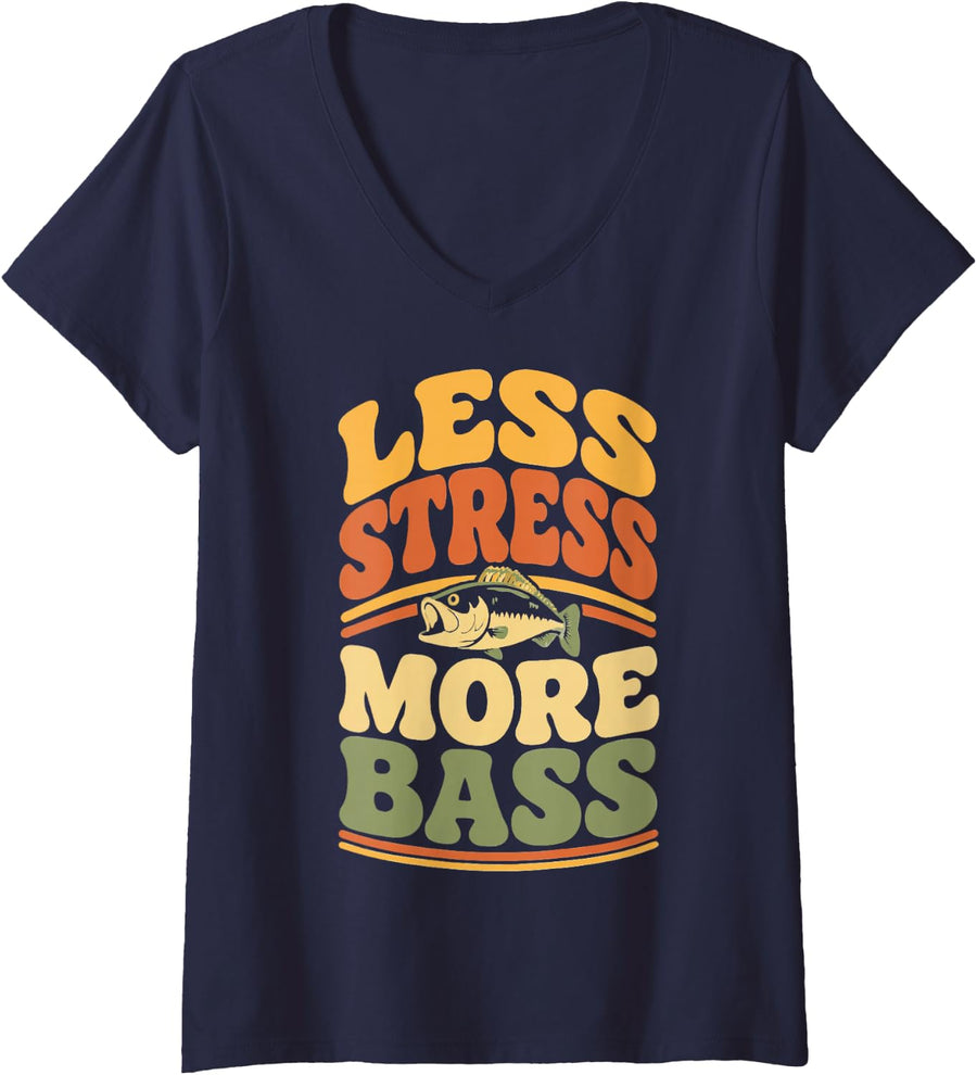 Women's Retro River Fishing Bass Freshwater Angler Fisherman V-Neck T-Shirt - Navy Blue