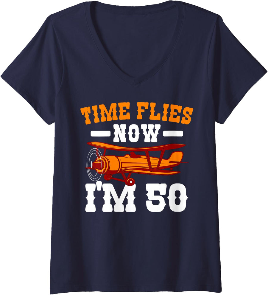 Women's Pilot 50th Birthday Party Aviator Airplane Flight Mechanic V-Neck T-Shirt - Navy Blue