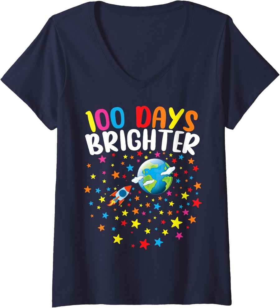 Women's 100 Days Brighter 100th Day of School Boys Kids V-Neck T-Shirt - Navy Blue