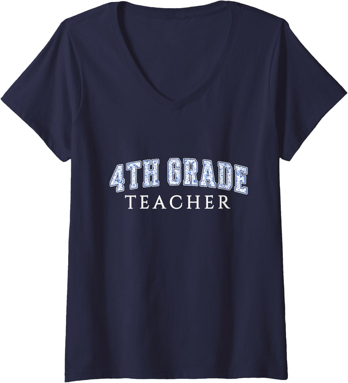 Women's 4th Grade Teacher Blue Floral Varsity Letters Fourth Grade V-Neck T-Shirt - Navy Blue