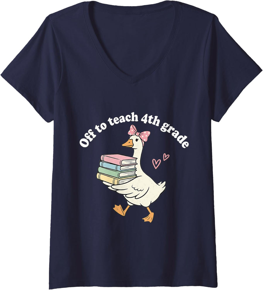 Women's Off to Teach 4th Grade Teacher Funny Back to School V-Neck T-Shirt - Navy Blue