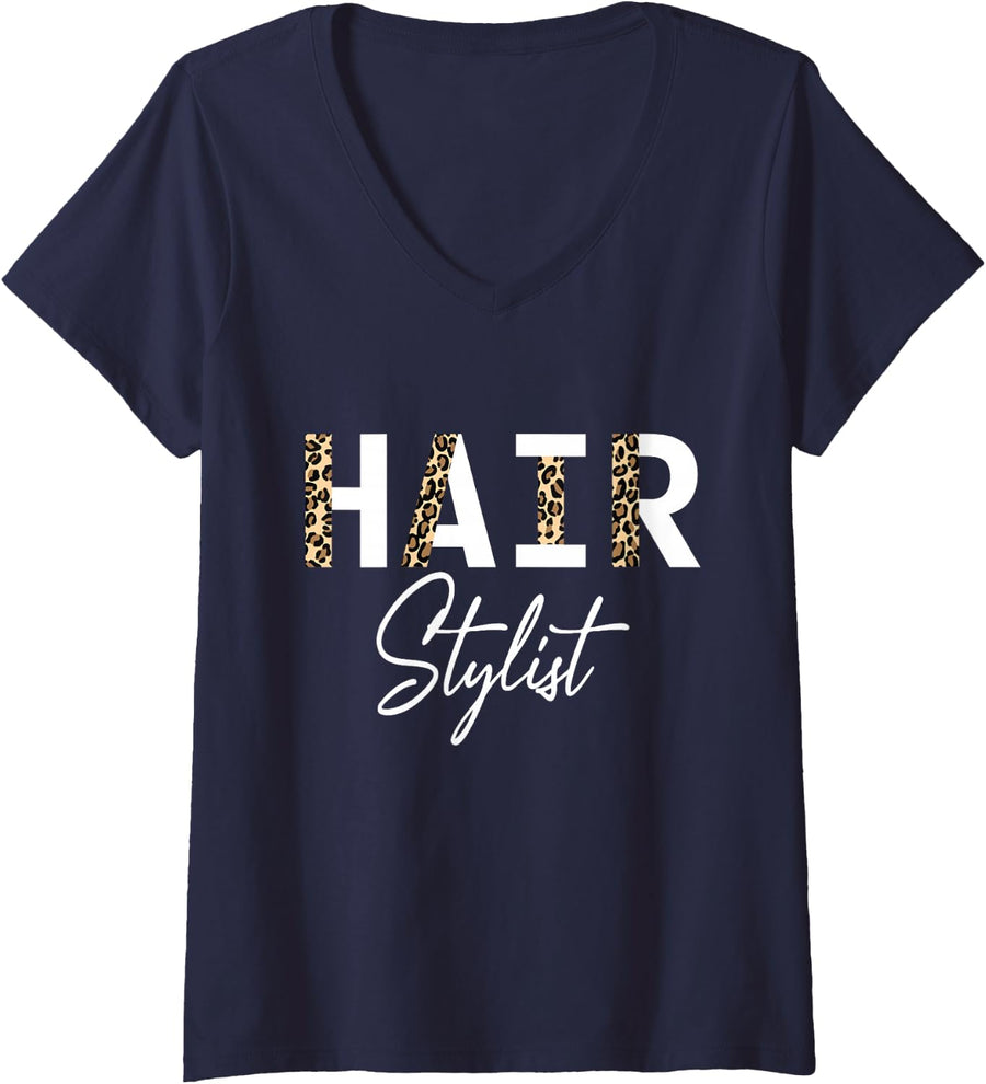 Women's Hair Stylist Leopard Hair Stylist V-Neck T-Shirt - Navy Blue
