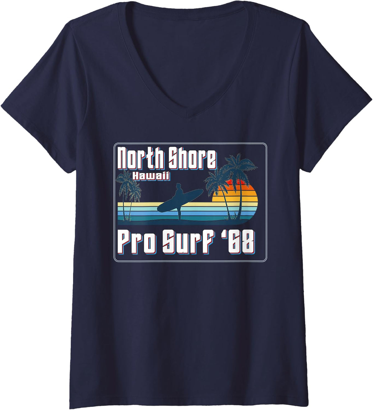 Women's North Shore Hawaii Long Board Surfer Classic Surf Beach V-Neck T-Shirt - Navy Blue