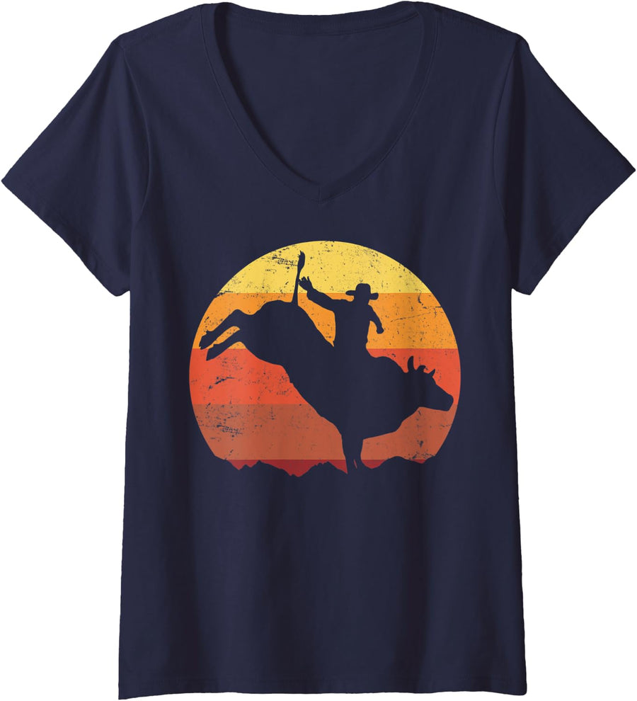 Womens Bull Riding V-Neck T-Shirt - Navy Blue