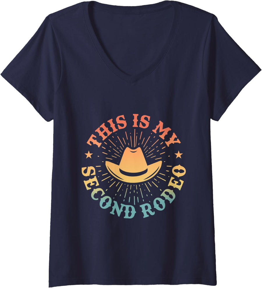 Womens This Is My Second Rodeo - Funny Sarcastic Western V-Neck T-Shirt - Navy Blue