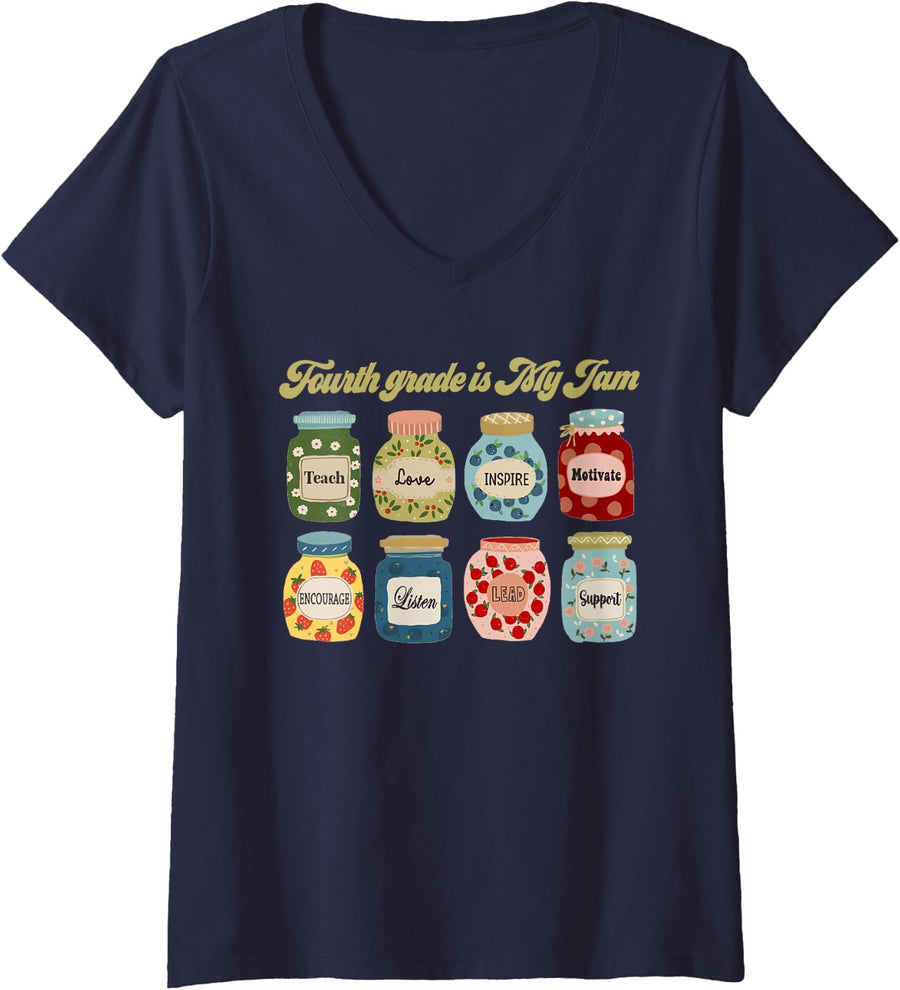 Women's Fourth Grade is My Jam Back to School Cute 4th Grade Teacher V-Neck T-Shirt - Navy Blue
