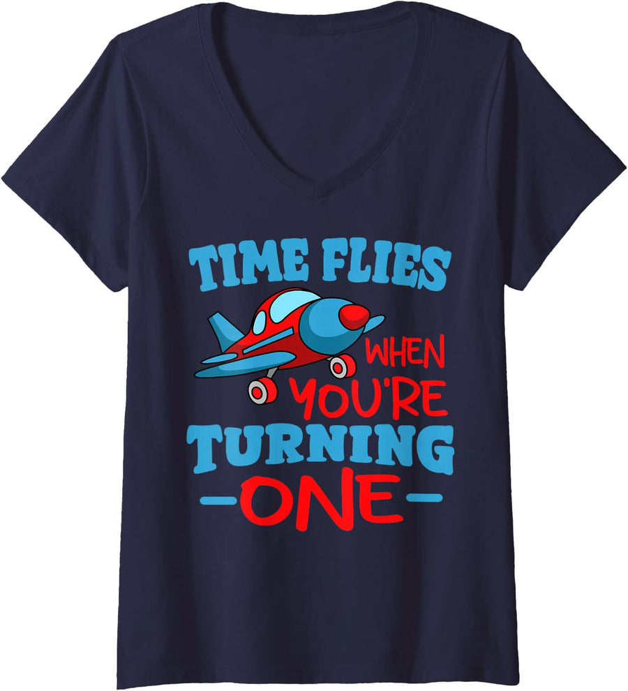 Women's Pilot 1st Birthday Party Aviator Flight Mechanic Airplane V-Neck T-Shirt - Navy Blue