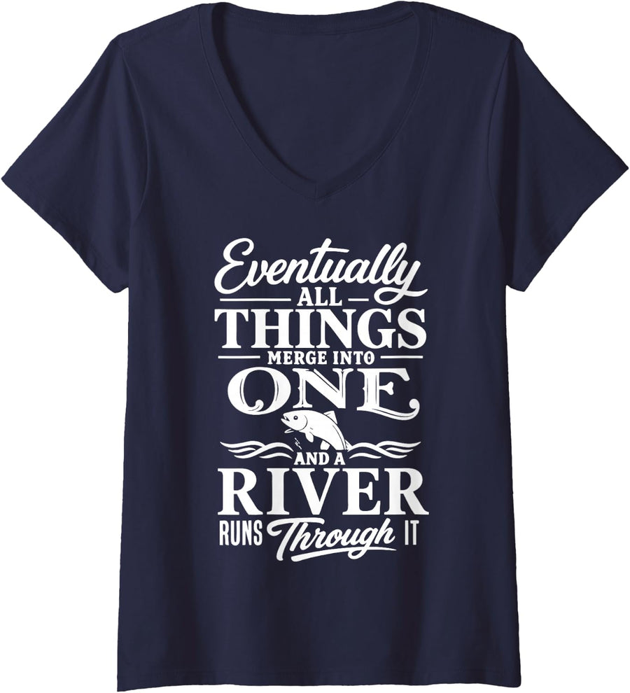 Women's River Fishing Lover Freshwater Angler Fisherman V-Neck T-Shirt - Navy Blue