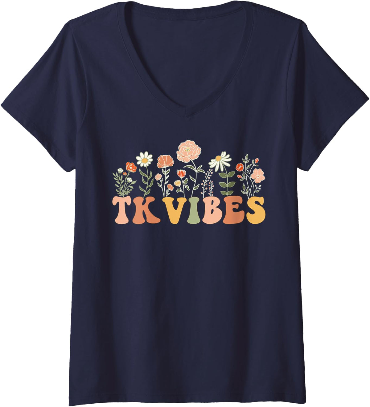 TK Vibes Wildflower Retro Teacher Daisy Kid Back to School V-Neck T-Shirt - Navy Blue
