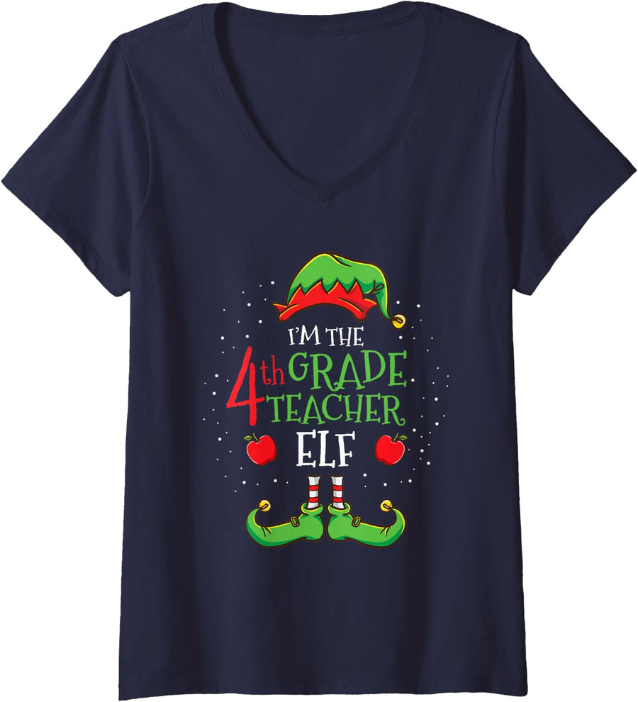 Women's Im The 4th Grade Teacher Elf Christmas V-Neck T-Shirt - Navy Blue