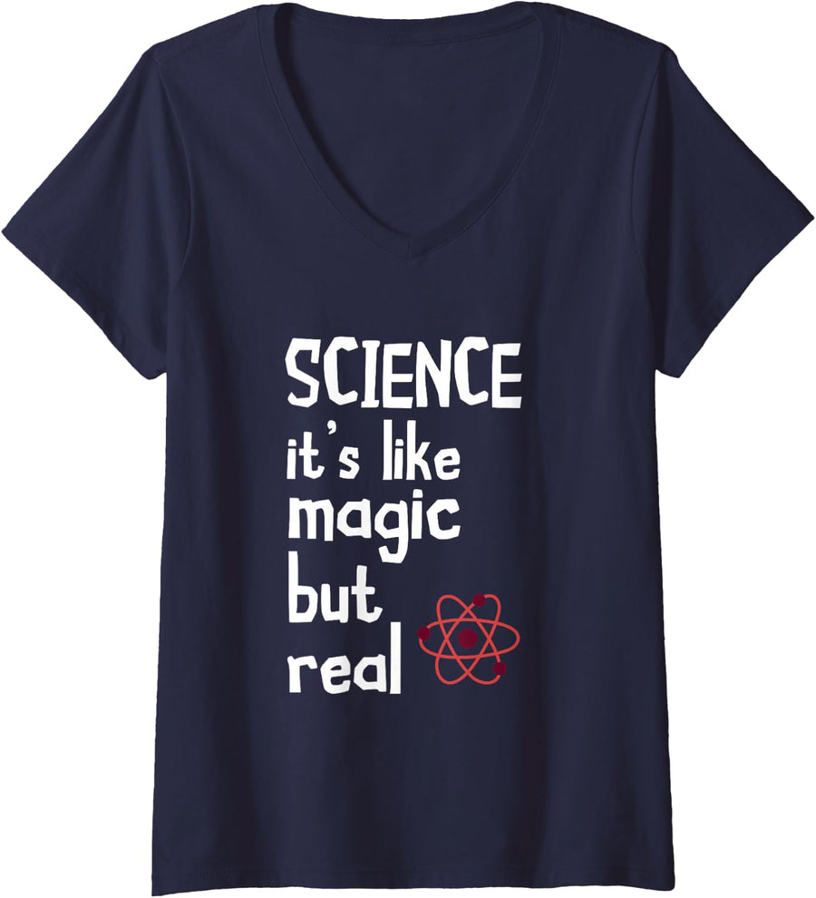 Women's Scientist Science is Like Magic Particle Science Teacher V-Neck T-Shirt - Navy Blue
