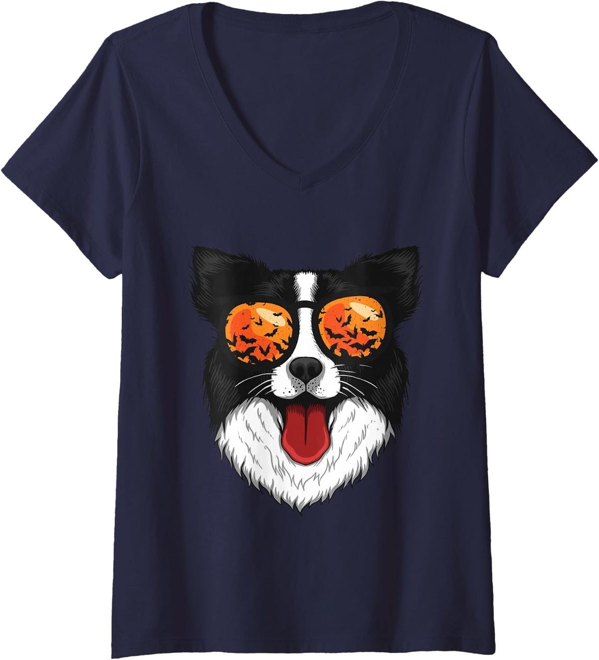Women's Border Collie in Sunglasses Lazy Halloween Costume Cute Dog V-Neck T-Shirt - Navy Blue