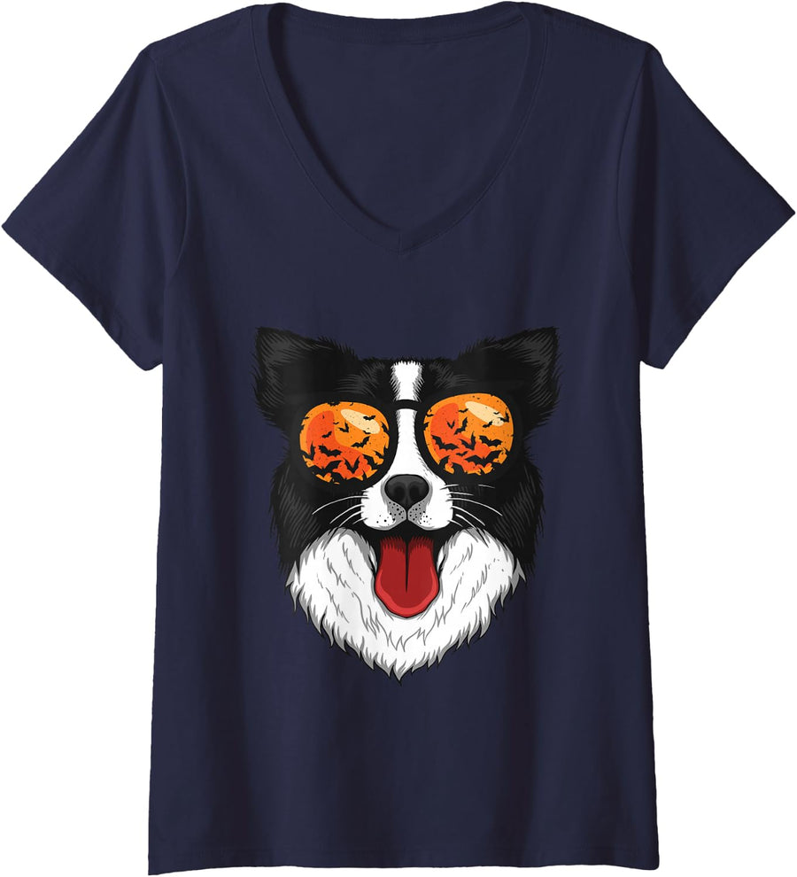 Women's Border Collie in Sunglasses Lazy Halloween Costume Cute Dog V-Neck T-Shirt - Navy Blue