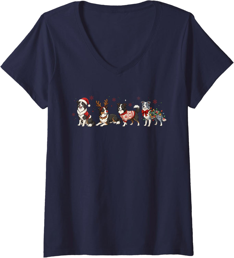 Women's Funny Border Collie Christmas Lights Sweater Dog Mom V-Neck T-Shirt - Navy Blue