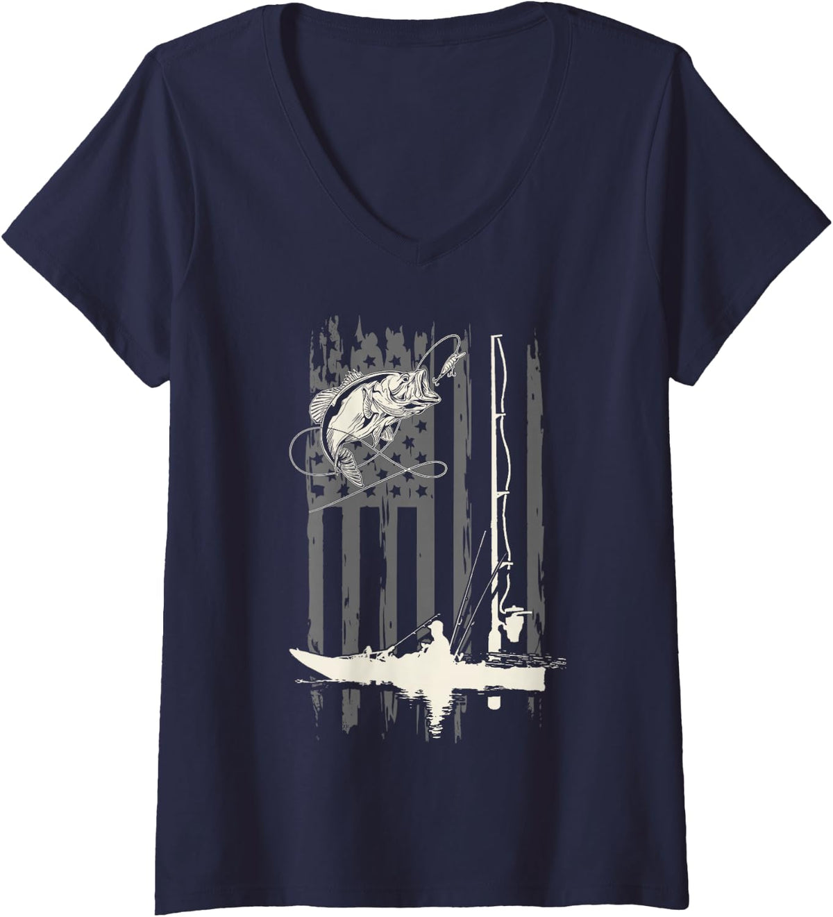 Women's American Flag Funny Bass Kayak Fishing Fisher Fisherman USA V-Neck T-Shirt - Navy Blue