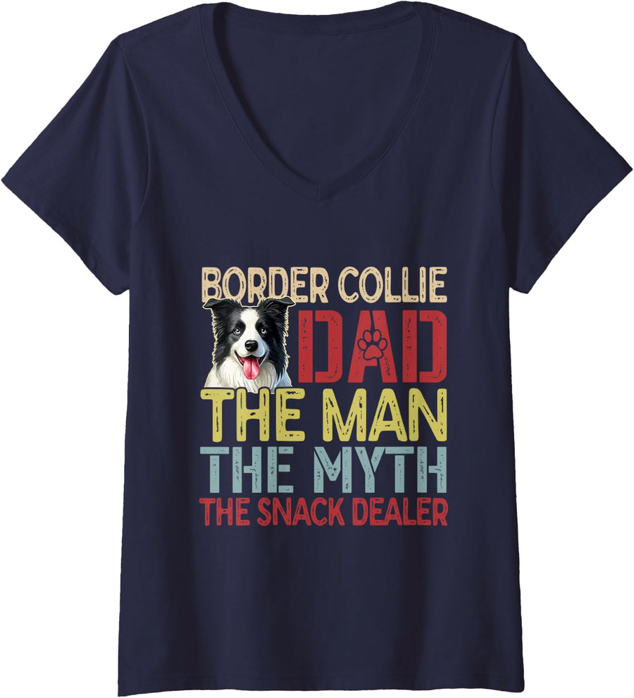 Women's Border Collie Man Myth Snack Dealer Funny Dog Owner Lover V-Neck T-Shirt - Navy Blue