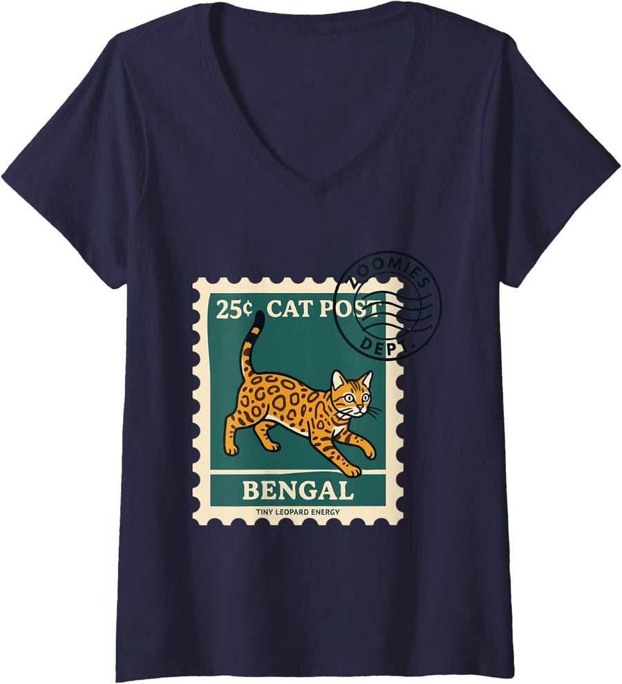 Women's Bengal Cat Gifts Women Men Mom Dad Lover V-Neck T-Shirt - Navy Blue