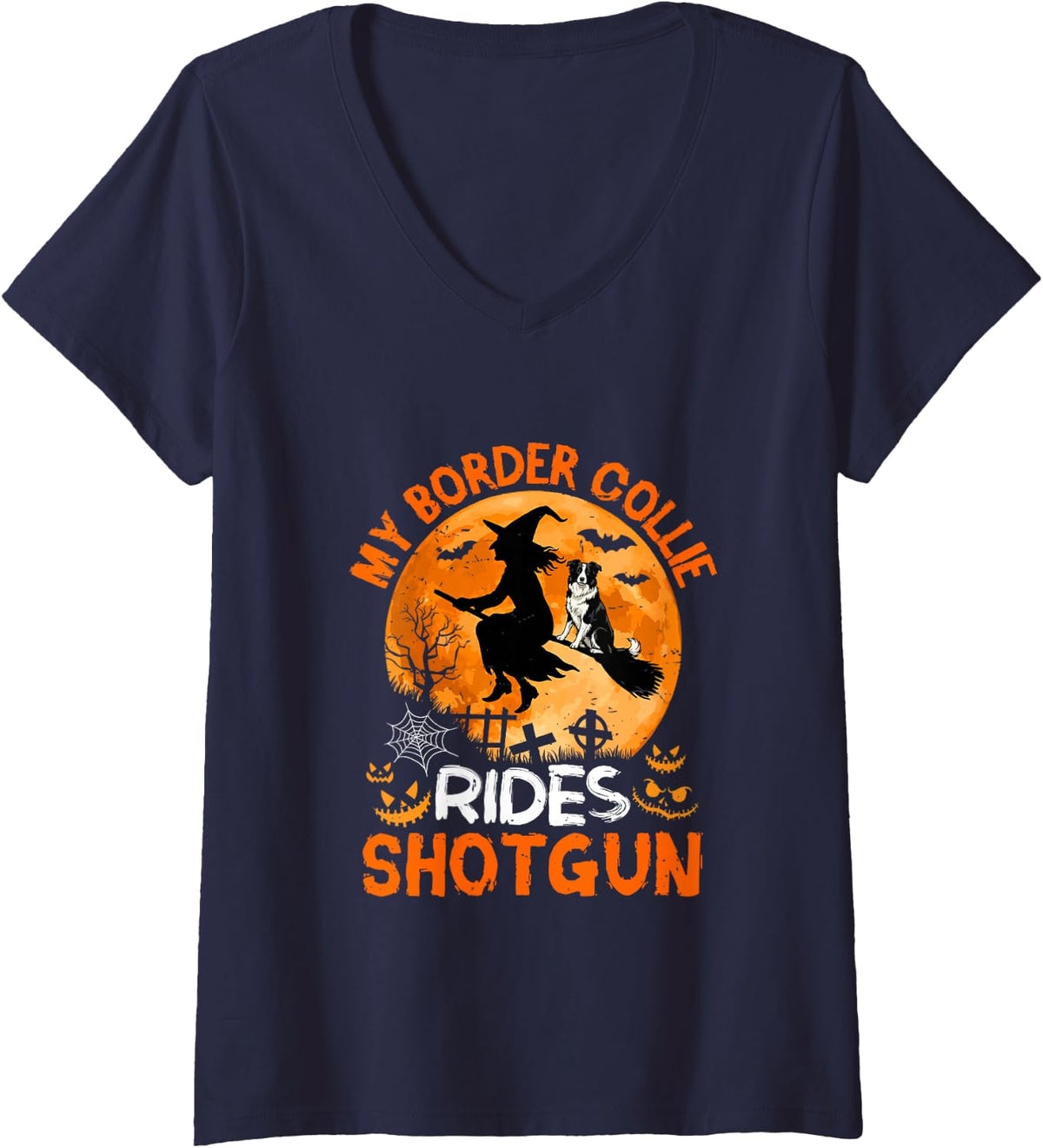 Women's My Border Collie Rides Shotgun Halloween Witch On Broomstick V-Neck T-Shirt - Navy Blue