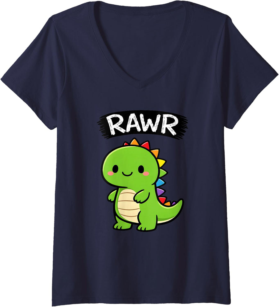 Women's Cool Funny Cute Kawaii Dinosaur Lover Pun Gift Women V-Neck T-Shirt - Navy Blue