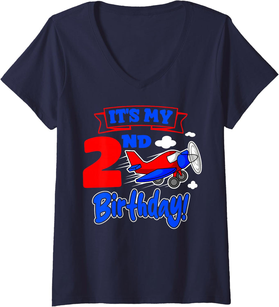 Women's Pilot 2nd Birthday Party Airplane Flight Mechanic Aviator V-Neck T-Shirt - Navy Blue