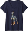 Women's Watercolor Portrait Doberman Pinscher for Dog Owners V-Neck T-Shirt - Navy Blue