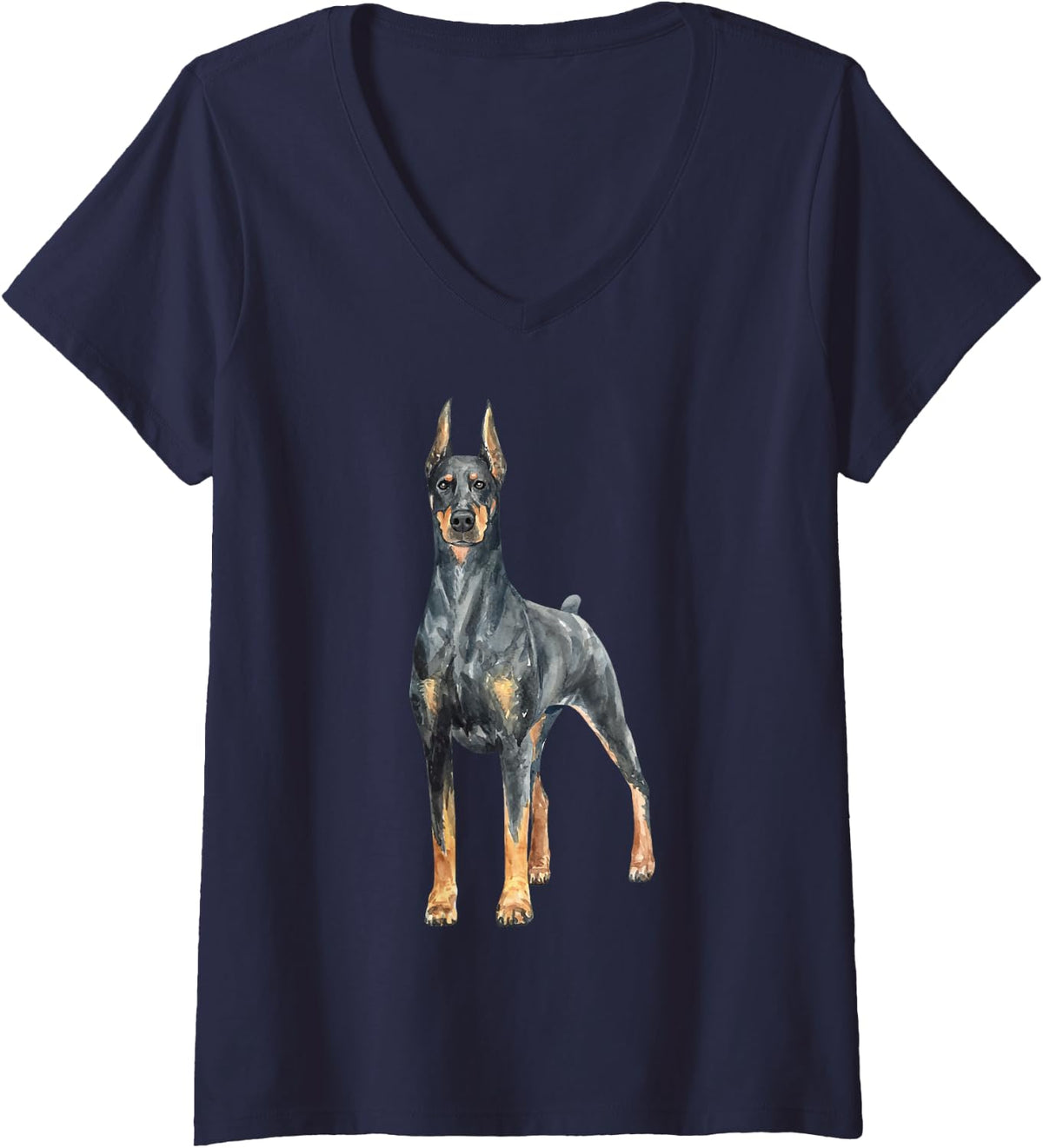 Women's Watercolor Portrait Doberman Pinscher for Dog Owners V-Neck T-Shirt - Navy Blue