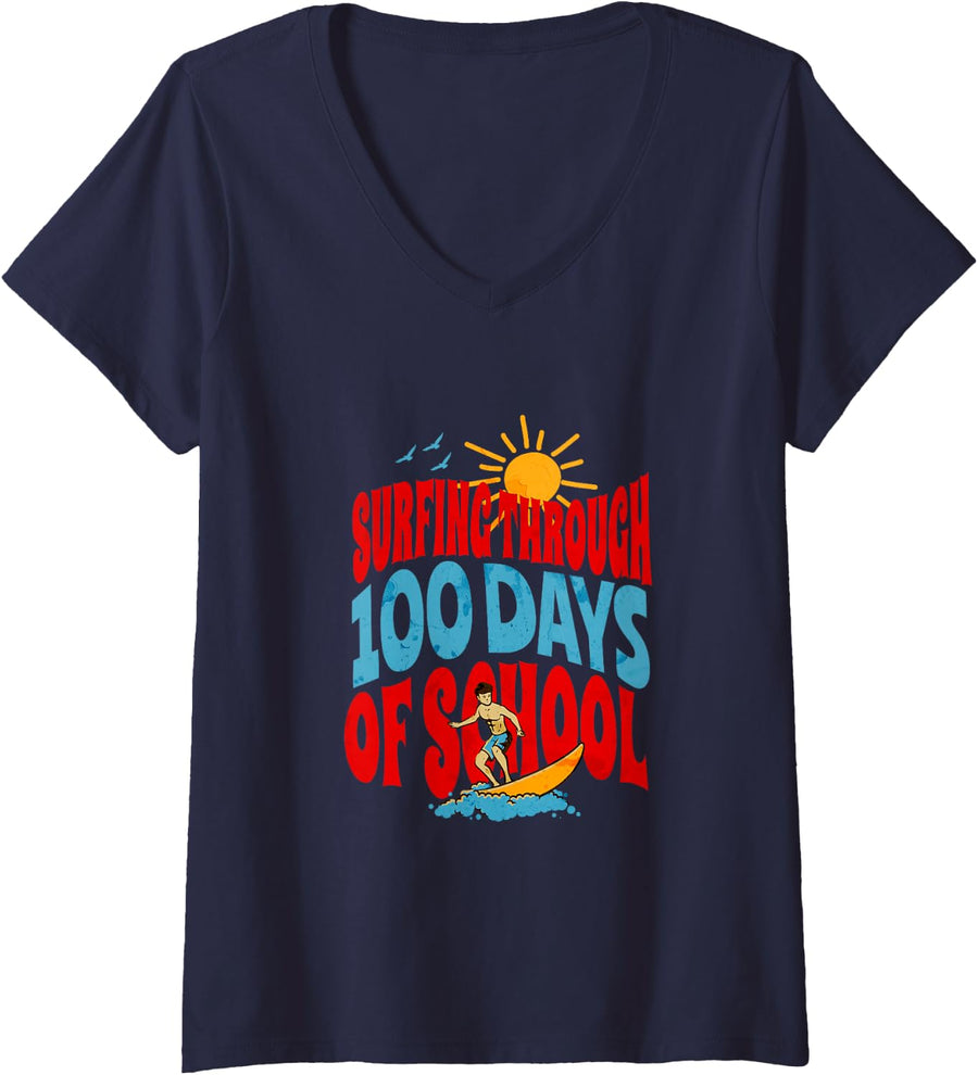 Women's Surfing Through 100 Days of School Teacher Toddler Child V-Neck T-Shirt - Navy Blue