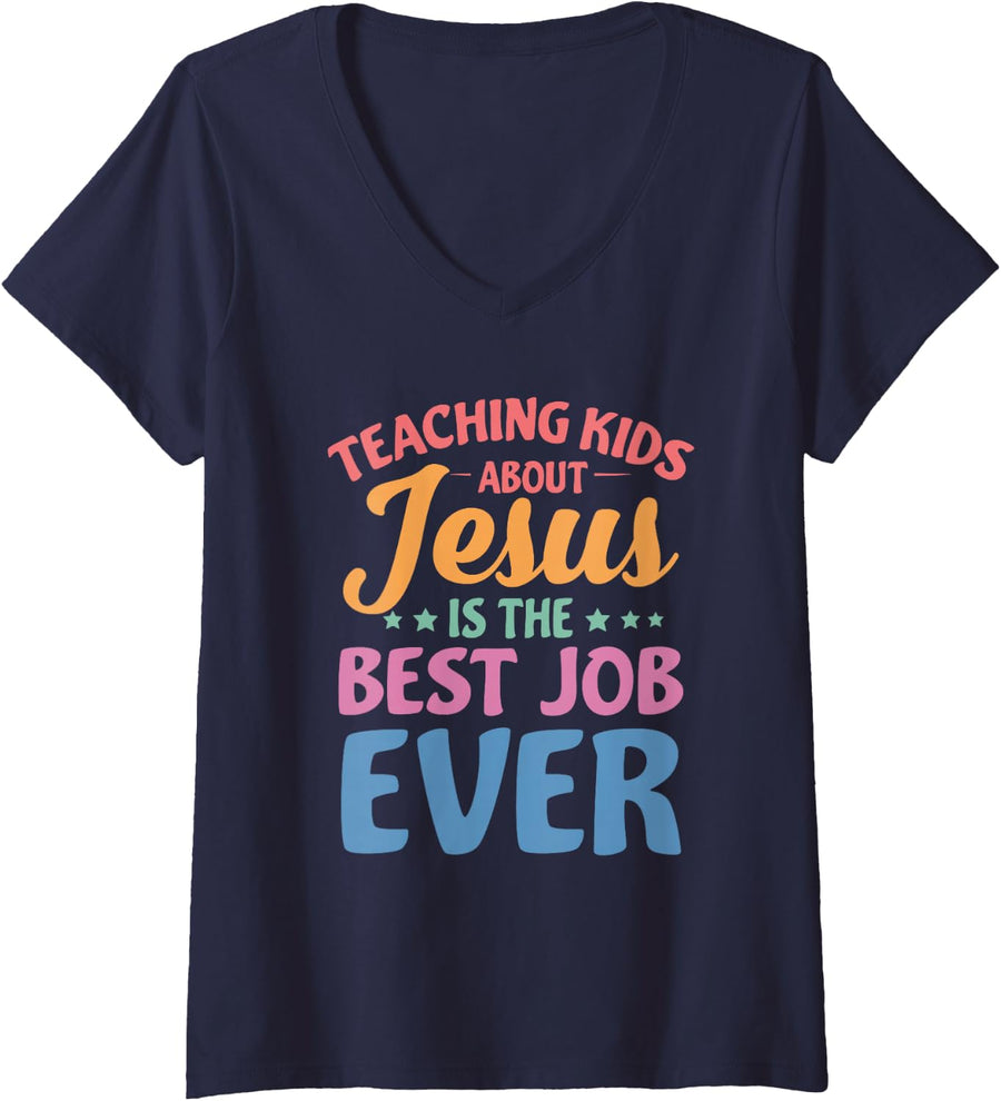 Women's Retro Teaching Kids About Jesus is The Best Job Ever Teacher V-Neck T-Shirt - Navy Blue