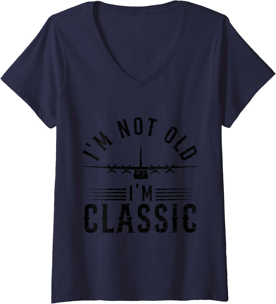 Women's I'm Not Old I'm Classic C-130 Hercules Airplane Military V-Neck T-Shirt - Navy Blue