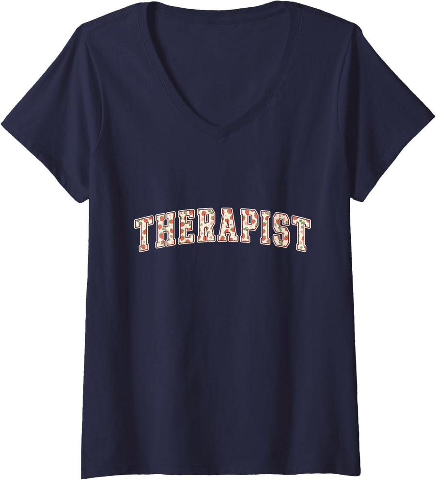 Women's Therapist Strawberry Varsity Letters Counselor Mental V-Neck T-Shirt - Navy Blue