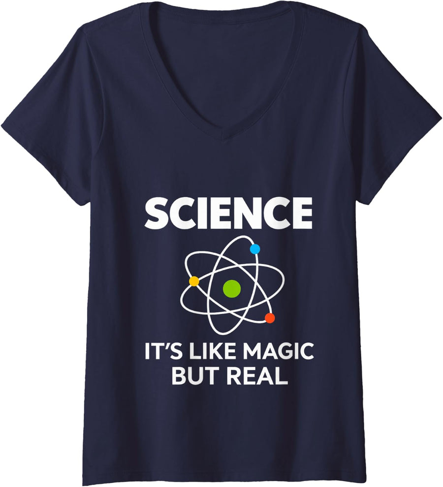 Women's Science It's Like Real Atom Physics Chemistry V-Neck T-Shirt - Navy Blue