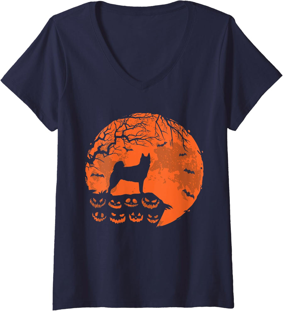 Womens Norwegian Buhund And Moon Halloween Costume Dog Lover V-Neck T-Shirt - Navy Blue