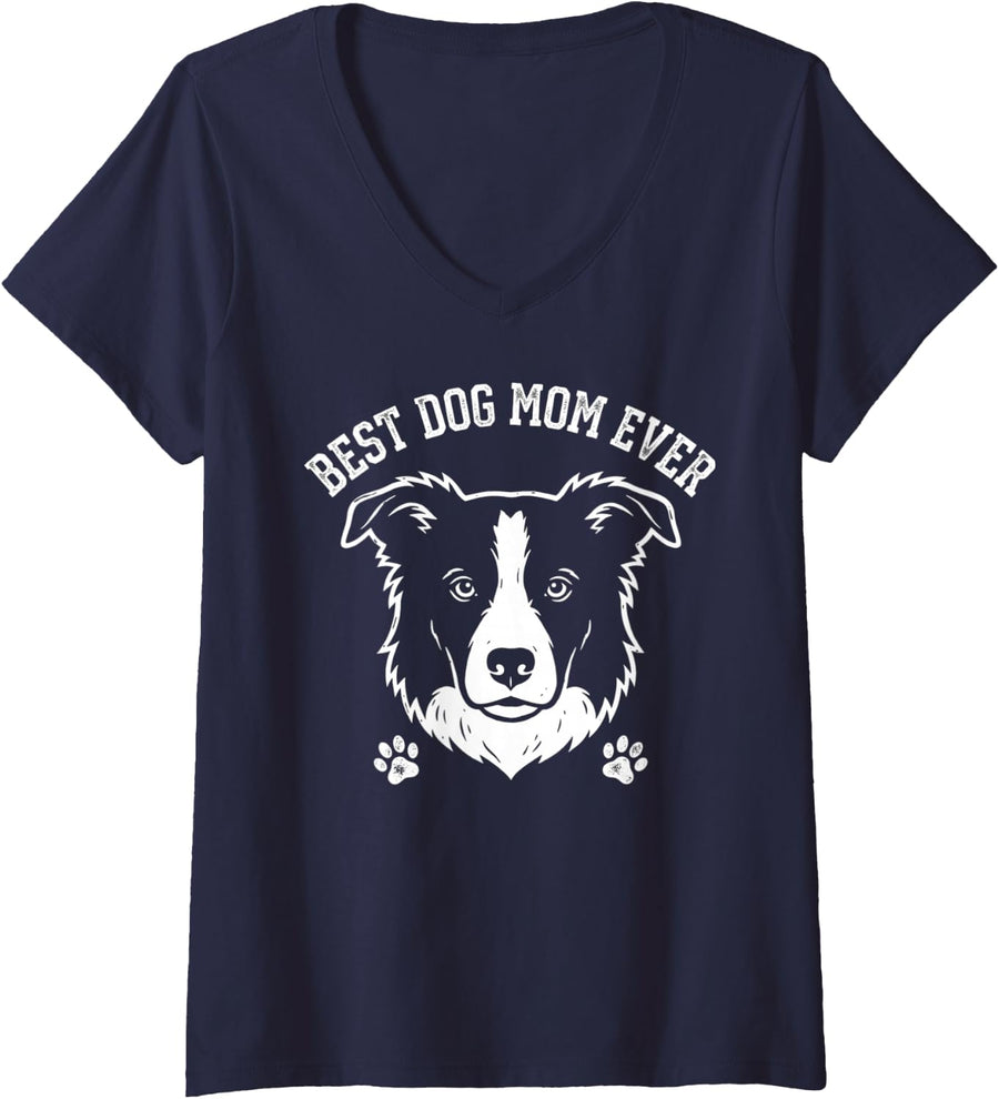 Women's Border Collie MOM Proud Love Best Ever Owner Puppy Lover V-Neck T-Shirt - Navy Blue