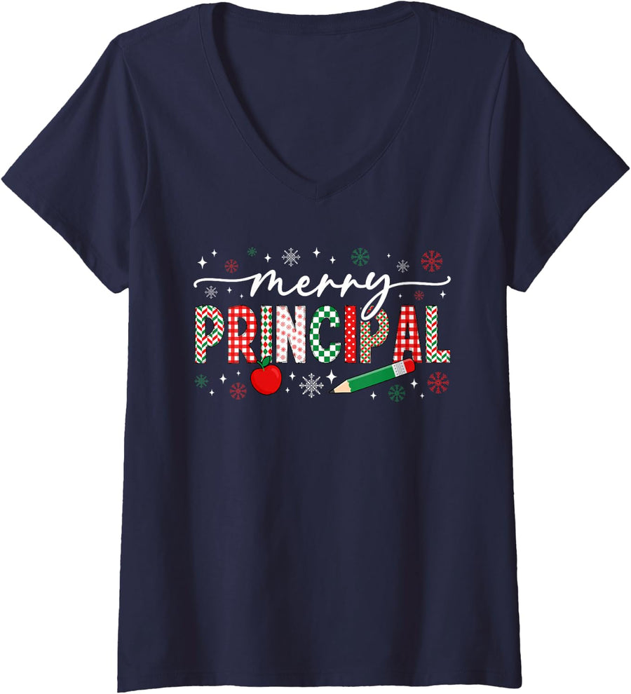 Women's Merry Principal Christmas School Principal Xmas Party V-Neck T-Shirt - Navy Blue