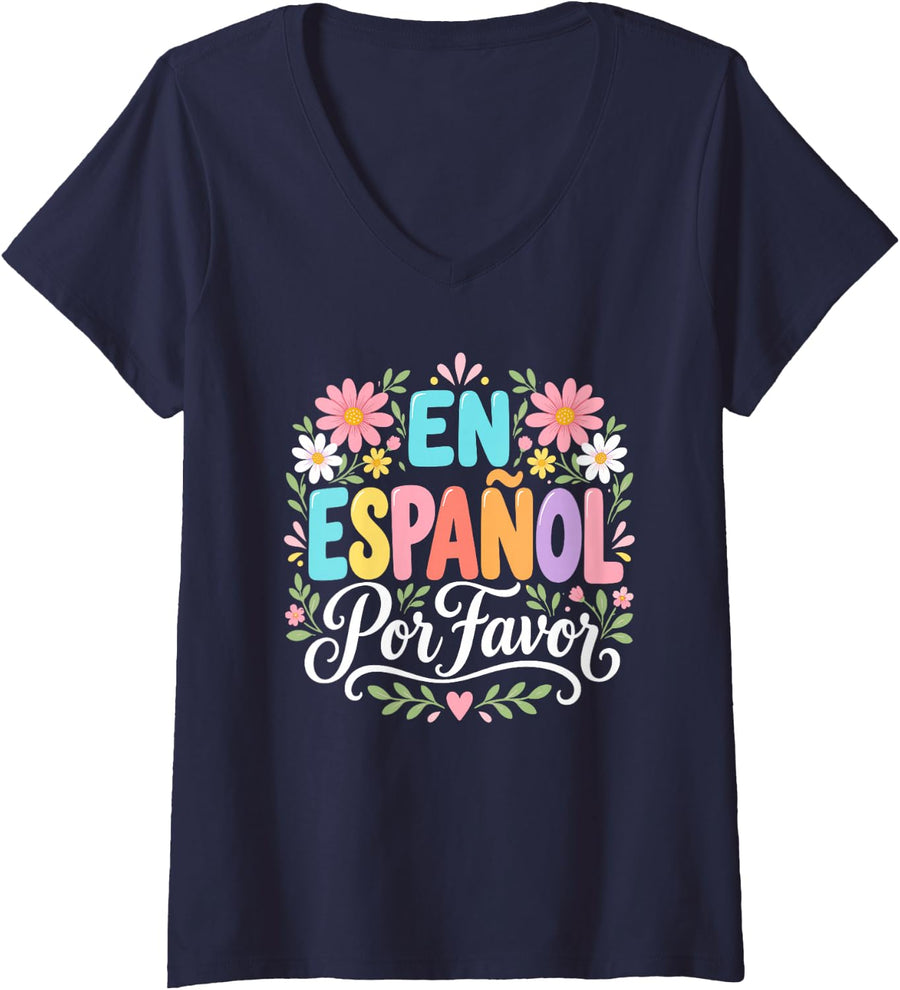 Women's En Español Por Favor Spanish Teacher Back to School V-Neck T-Shirt - Navy Blue
